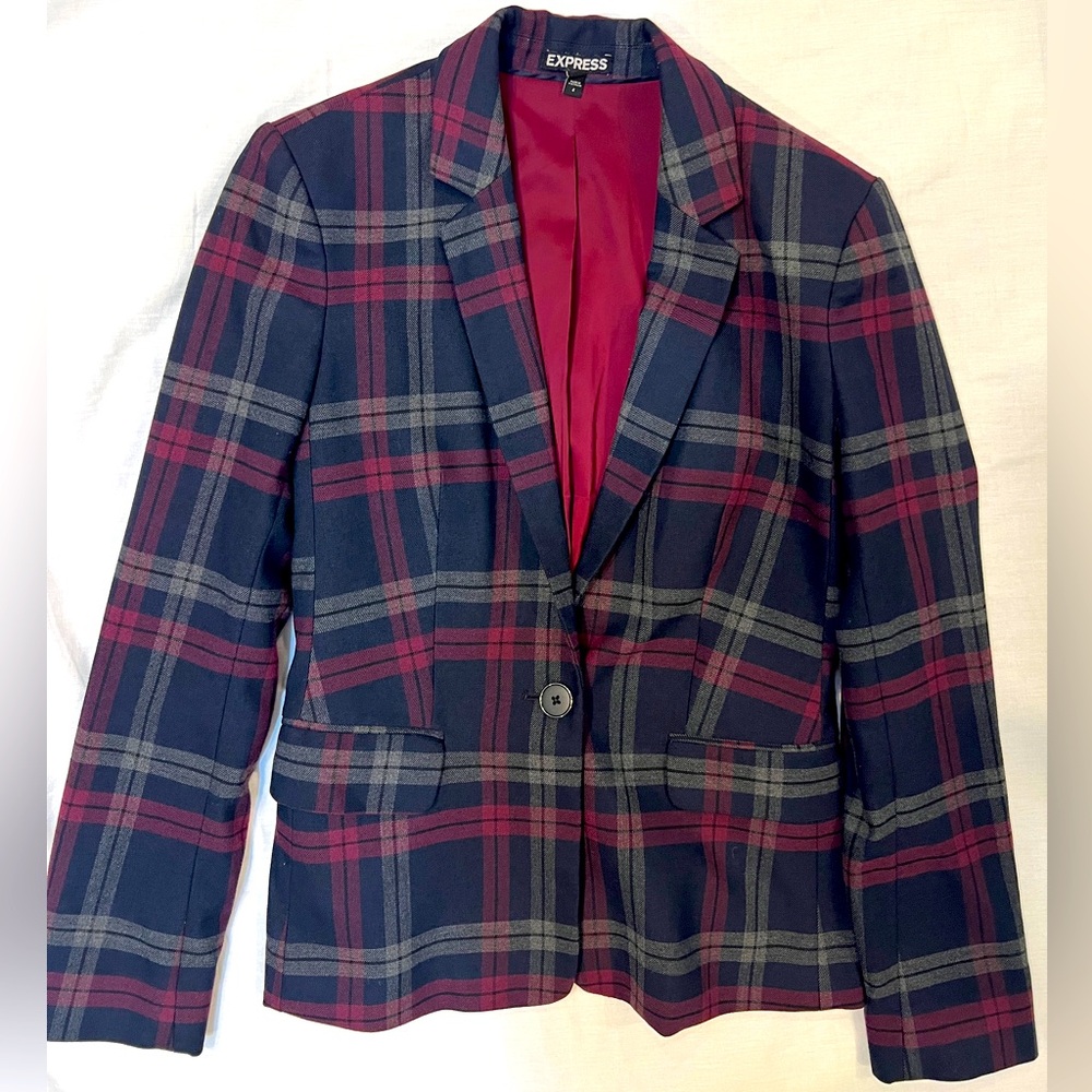 Express Size 4 Blazer, Plaid Color Navy/Grey/Cranberry